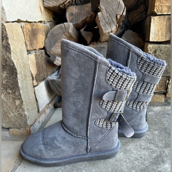 BearPaw winter Clara leather knit pull on buckle strap Grey Fog boots Sz-7. J - Picture 4 of 11
